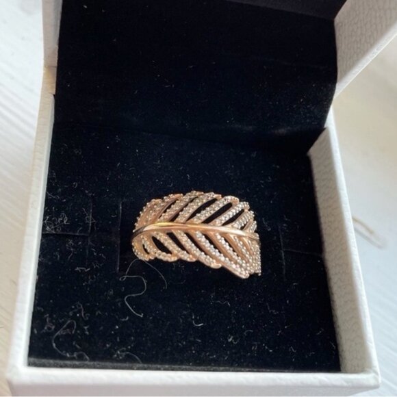 Pandora Rose Gold Shimmering Diamond Feather Ring Sz 8 - Picture 5 of 5